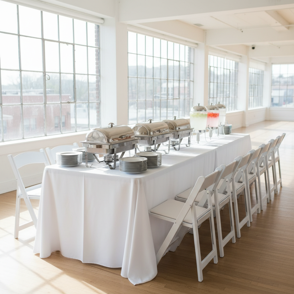 Long banquet table with white linens, polished chafing dishes, and white folding chairs in a modern loft
