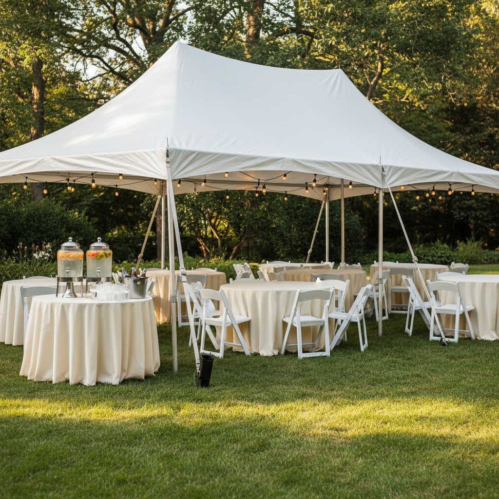 White peaked tent set up on a manicured lawn with round tables and resin chairs underneath