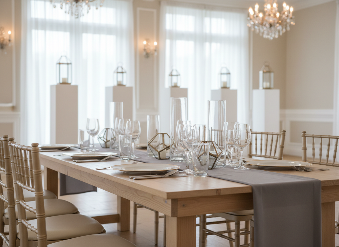 Wedding reception tablescape with farmhouse table, champagne Chiavari chairs, and crystal stemware