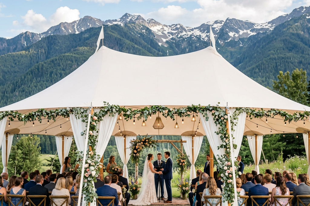 Outdoor wedding under a white tent with mountain views in the background