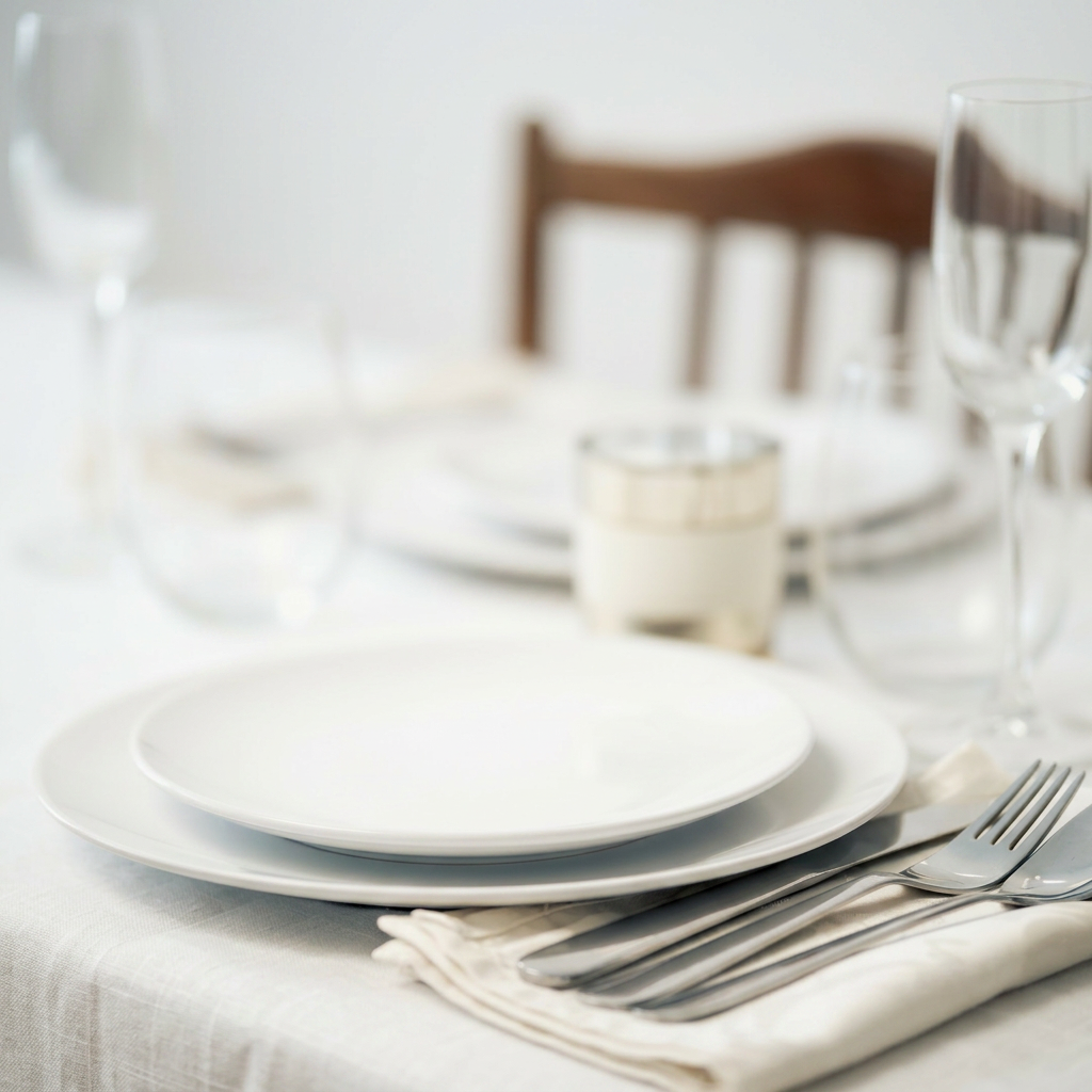 White porcelain plates and crystal glassware arranged on a banquet table