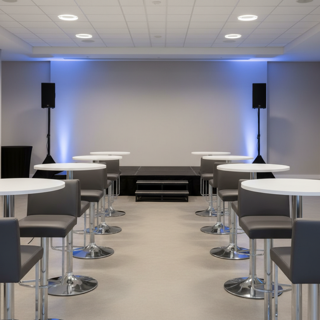 A sophisticated indoor corporate event setup showcasing high-end rental furnishings in a contemporary conference hall. At the center, a row of sleek, modular cocktail tables with brushed chrome bases and matte white tops is paired with matching bar-height stools upholstered in smooth charcoal-gray faux leather. In the background, a clean-lined stage platform with a dark, non-reflective surface sits against a neutral wall, flanked by minimalist, black audio-visual speaker towers and a subtle LED uplighting wash in cool blue. Overhead, recessed ceiling lights provide even, neutral illumination, creating crisp highlights and minimal shadows. Photographic realism, eye-level composition with a slight perspective toward the stage, sharp focus across the frame, projecting a professional, polished, stress-free environment ideal for business receptions or networking events.